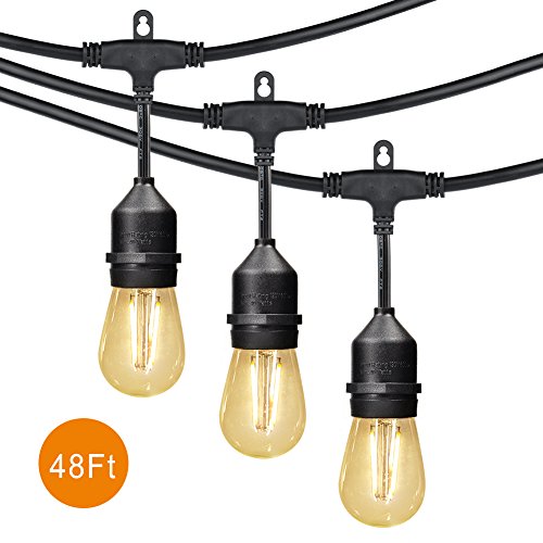 LEPOWER 48Ft String Lights, 2W LED Bulbs 15 Sockets Patio Lights, IP 65 Waterproof Outdoor Hanging Lights for Commercial, Cafe, Backyard, Patio, Deck, Garden, Porch, Market (48Ft)