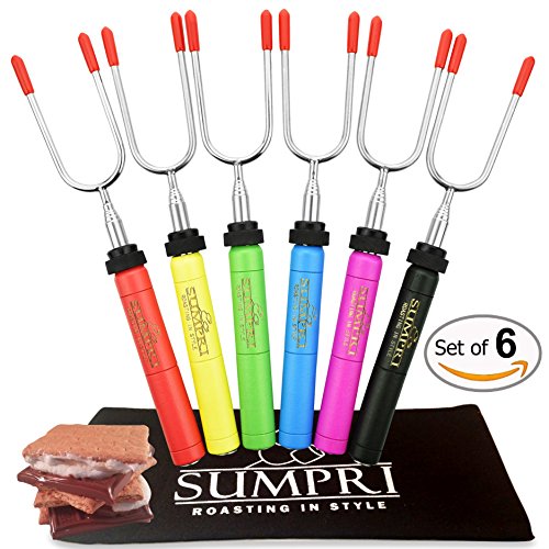 Marshmallow Roasting Sticks, Smores Skewers Telescoping Rotating Forks- SUMPRI SET OF 6 Hot Dog Fire Pit Outdoor Fireplace Campfire Accessories-6 MULTICOLORED 34 Inch Extendable Steel Fork Camping Kit