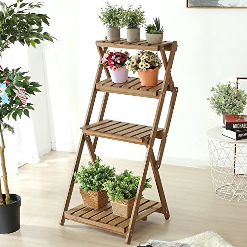 4 Tier Foldable Wood Slat Plant Rack, Decorative Indoor / Outdoor Display Shelf Stand, Brown