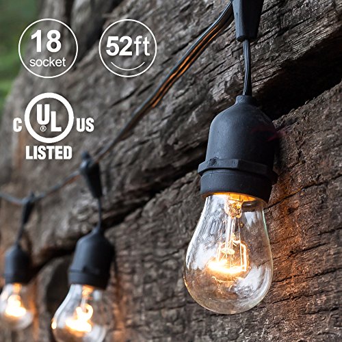 52FT Outdoor String Lights, Commercial Grade Weatherproof Yard Lights, 18 Hanging Sockets (3 Extra Bulbs Free) 11W Dimmable Incandescent Bulbs, UL Listed Patio Lights Bistro Market Lights