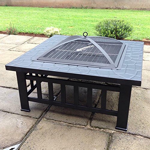 FCH 32″ Metal Fire Pit Outdoor Backyard Patio Garden Square Stove Brazier with Charcoal Rack, Poker & Mesh Cover 32″ L x 32″ W x 17″ H