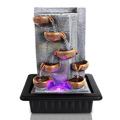 SereneLife Multi Tiered Desktop Electric Water Fountain Decor w/ LED – Indoor Outdoor Portable Tabletop Decorative Zen Meditation Waterfall Kit Includes Submersible Pump & 12V Adapter – SLTWF85LED