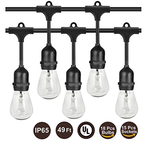 BRTLX Commercial Grade Outdoor Weatherproof S14 String Lights 49Ft with 15 Dropped Sockets UL Listed