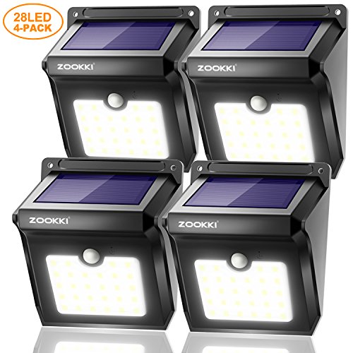 Solar Motion Sensor Lights Outdoor, ZOOKKI 28 LEDs Waterproof Solar Powered Wall Lights, Wireless Security Night Lights for Outdoor Garden Patio Yard Deck Garage Driveway Porch Fence 4 Pack