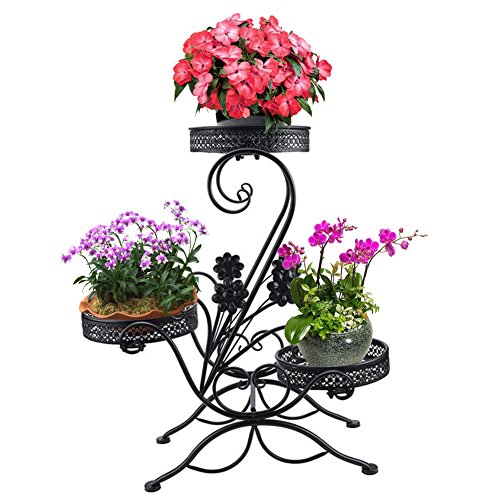 AISHN 3-Tiered Scroll Classic Plant Stand Decorative Metal Garden Patio Standing Plant Flower Pot Rack Display Shelf Holds 3-Flower Pot with Modern “S” Design (Black)