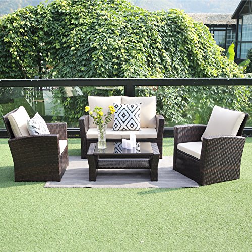 Wisteria Lane Outdoor Patio Furniture Set, 5 Piece Garden Rattan Sofa Wicker sectional Sofa Seat with Coffee Table,Brown