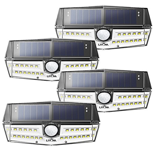 Litom Solar Lights Outdoor, Super Bright 30 LED Motion Sensor Solar Lights with Exclusive Wide Angle Design and IP66 Waterproof, Security Solar Wall Lights for Garden, Yard, Patio, Garage (4 Pack)