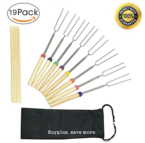 Marshmallow Roasting Sticks, Extendable Hot Dogs Shish Kabob Telescoping Barbecue Stainless Steel Grill Sticks with 10 Bamboo Skewers, Suitable for Fire Pit, Camping, Campfire, Free Bag