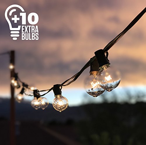 50ft Black String Lights, 60 G40 Globe Bulbs (10 Extra); Connectable, Waterproof, Indoor/Outdoor Globe String Lights for Patios, Parties, Weddings, Backyards, Porches, Gazebos, Pergolas & More
