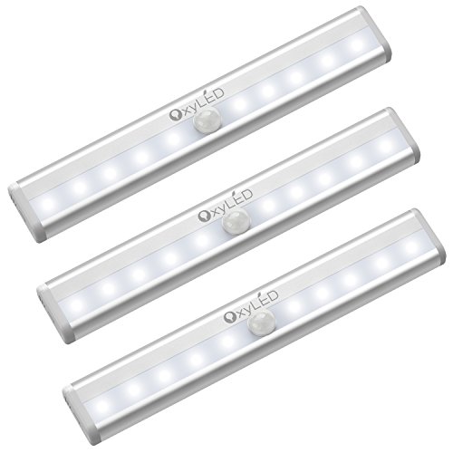 OxyLED Motion Sensor Closet Lights, Cordless Under Cabinet Lightening, Stick-on Anywhere Wireless Battery Operated 10 LED Night Light Bar, Safe Lights for Closet Cabinet Wardrobe Stairs, 3 Pack
