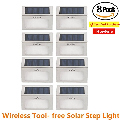 [Pack of 8] HowFine Outdoor Stainless Steel LED Solar Step Light Wireless Super Bright Modern White Lamp for Deck, Staircase, Walkway, Patio, Garden, Yard, Patio