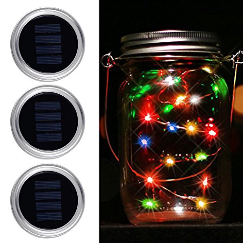 Solar Mason Jar Lights Lids Rubikliss 3 Pack 10 LED Solar Fairy Lights Lids for Wedding Christmas Holiday Party Decorative Lighting Regular Mouth Jars (Multi-Color)