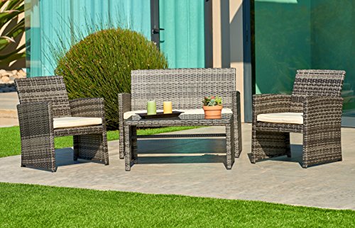 Suncrown Outdoor Furniture Grey Wicker Conversation Set with Glass Top Table (4-Piece Set) All-Weather | Thick, Durable Cushions with Washable Covers | Porch, Backyard, Pool or Garden