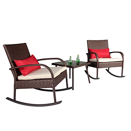 Cloud Mountain Outdoor 3 Piece Rocking Chair Set Wicker Rattan Bistro Set Wicker Furniture 12″ Height – Two Chairs with Glass Coffee Table, Creamy White Cushion with Cocoa Brown Rattan