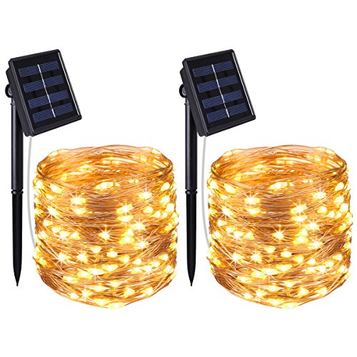 AMIR Solar Powered String Lights, 100 LED Copper Wire Lights, Waterproof Starry String Lights, Indoor/Outdoor Solar Decoration Lights for Gardens, Patios, Homes, Parties (Warm White – Pack of 2)