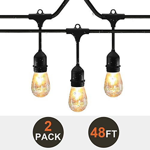 SUNTHIN 2-Pack 48ft LED String of Lights with 15 x E26 Sockets and Hanging Loops, 18 x 0.9 Watt S14 Bulbs (3 Spares) -Indoor/Outdoor string lights, Commercial String Lights, Light Strings
