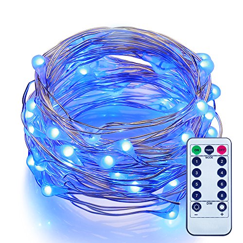 Dimmable LED String Lights with Remote ITART Blue Mini Fairy Lights Battery Operated 50 LEDs / 16.7ft (5m) Super Bright Ultra Thin Silver Wire Rope Lights for Trees Wedding Bedroom