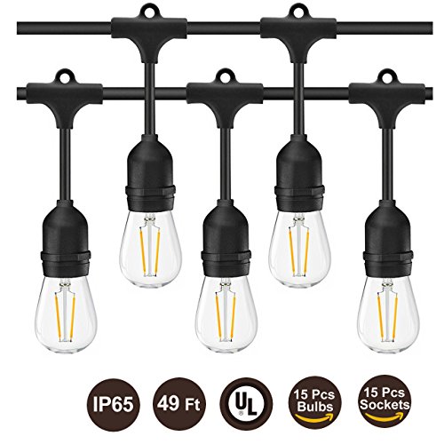 BRTLX Commercial Grade Outdoor Weatherproof S14 LED String Lights 49Ft with 15 Dropped Sockets 1.5W 15Pcs S14 LED Edison Filament Bulb Included for Patio Courtyard Porch Wedding