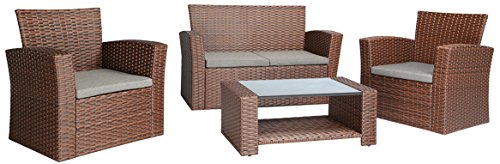 Baner Garden (N87-BR) 4 Pieces Conversational Outdoor Furniture Complete Patio Cushion Wicker Rattan Garden Set, Brown