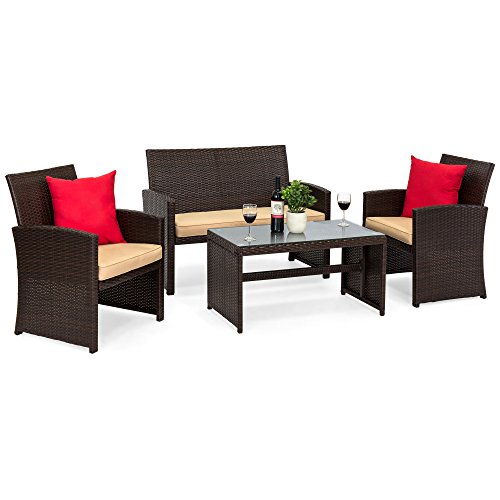 Best Choice Products 4-Piece Wicker Patio Furniture Set w/Tempered Glass, 3 Sofas, Table, Cushioned Seats – Brown