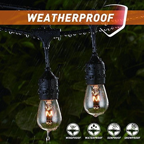 Outdoor String Lights 48Ft Edison Vintage Commercial Grade Lights with 15xE26 Base Sockets & S14 Bulbs, Wheatherproof Connectable Strand for Garden Porch Deck Backyard Cafe Bar Wedding Party, Black