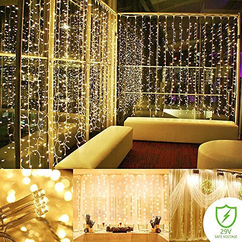ADDLON Curtain String lights,300 LED Icicle Wall Lights, Fairy Indoor Starry Lights 8 Mode For Wedding,Bedroom, Christmas, Holiday, Party, Indoor Outdoor Home decoration, UL Certification(Warm white)