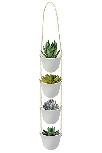 Nellam Ceramic Rope Hanging Planters – 4 Pcs, White, Modern Basket Pots, Tiered Hangers – for Indoor and Outdoor Use – Ideal for Garden Flowers, Herbs, Strawberry Plants