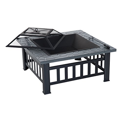 Outsunny 32″ Metal Square Outdoor Patio Backyard Fire Pit with Cover