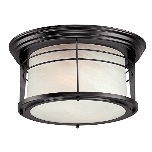 Westinghouse 6674600 Senecaville Two-Light Exterior Flush-Mount Fixture, Weathered Bronze Finish on Steel with White Alabaster Glass