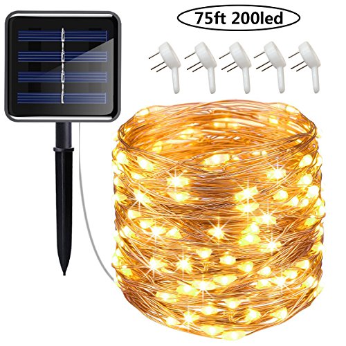 Cusomik Solar Powered String Lights, 200 LED Copper Wire Lights, 75ft 8 Modes Starry Lights, IP65 Waterproof Fairy Christmas Decorative Lights for patio, Wedding, Party, UL588 and TUVus Approved