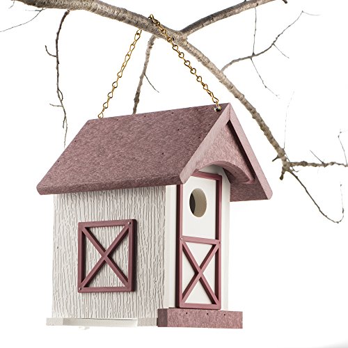Handmade, Poly Wood Birdhouse 9½” x 7” x 8½” for hanging/mounting outdoors (gardens, backyards, patios & decks). Men, women and kids will enjoy this maroon and white birdhouse and the wild birds.