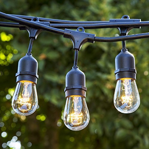 Outdoor Patio String Lights – Heavy Duty Hanging Patio Lights – 50 Feet With 25 Hanging Sockets – 30 11 Watt Incandescent S14 Bulbs Included – Black Wire – Weatherproof Commercial Grade – Bistro Style