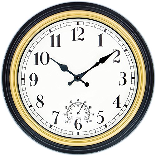 45Min 12-Inch Indoor/Outdoor Retro Wall Clock with Thermometer, Silent Non Ticking Round Wall Clock Home Decor with Arabic numerals