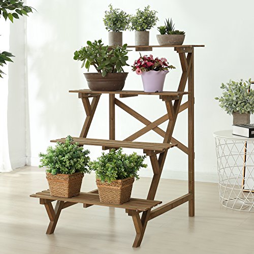 4 Tier Wood Slat Plant Rack, Indoor / Outdoor Garden Display Stand Shelf