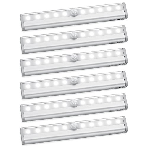 AMIR Motion Sensor Closet Lights, DIY Stick-on Anywhere Portable 10-LED Wireless Cabinet Night/Stairs/Step Light Bar with Magnetic Strip Battery Operated (Cool White – Pack of 6)