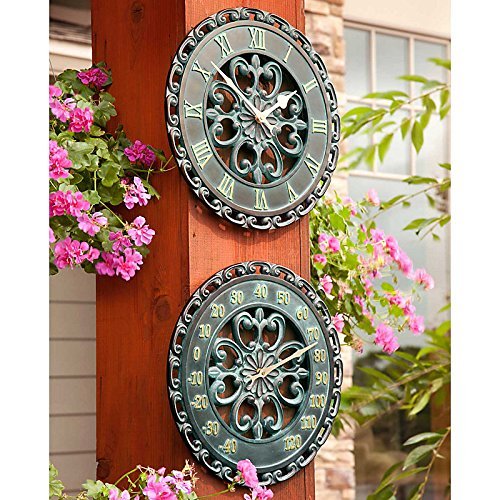 14″ Copper Verdigris Outdoor Clock & Thermometer