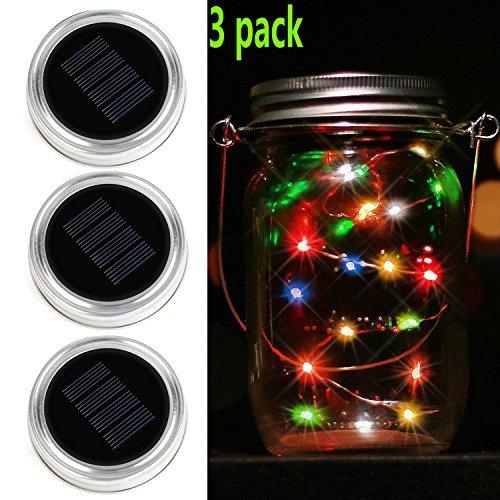 Waterproof Mason Jar Lights,10 LED Solar Warm White Fairy String Lights Lids Insert for Garden Deck Patio Party Wedding Christmas Decorative Lighting Fit for standard Mouth Jars (3 PACK Colorful)