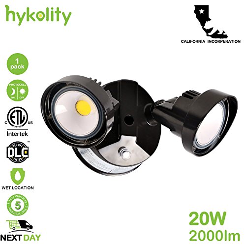 Hykolity 20W Dusk to Dawn LED Security Light Photocell Outdoor Floodlight [150W Equivalent] 2000lm 5000K IP65 Waterproof Adjustable Dual Head ETL Listed