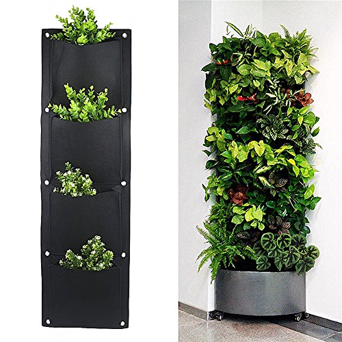 Là Vestmon 4 Pcs Hanging Planting Bags Felt Vertical Wall Mounted Outdoor Indoor Gardening Planter 4 Pocket Grow Bags Black Plant Pouch Flower Container for Strawberry Herb Plant