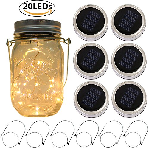 6-Pack Solar-powered Mason Jar Lights 20 LEDs (6 Hanger Included / No Jar),Warm White Glass Waterproof Fairy Hanging Lighting,Outdoor String Lids for Regular Mouth Jars for Patio Lamp Decor