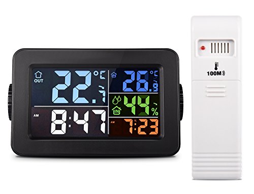 Fulljion Multi-function Indoor Outdoor Thermometer Wireless with Alarm Clock, Charging Station/Phone Charger and Backlight Digital Hygrometer Humidity Meter Gauge, 300ft/100m Range(Adapter Included)