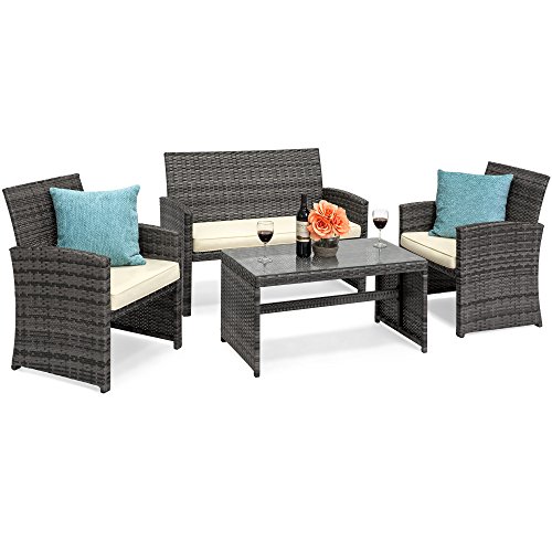 Best Choice Products 4-Piece Wicker Patio Furniture Set w/Tempered Glass, 3 Sofas, Table, Cushioned Seats – Gray