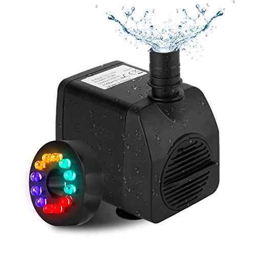 Fannel 220 GPH (800L/H, 15W) Submersible Water Pump for Fish Tank, Aquarium, Fountain, Pond, Small Silent 12 LED Colorful Pump Lights with 2 Nozzles, 6 Feet Power Cord (Black)