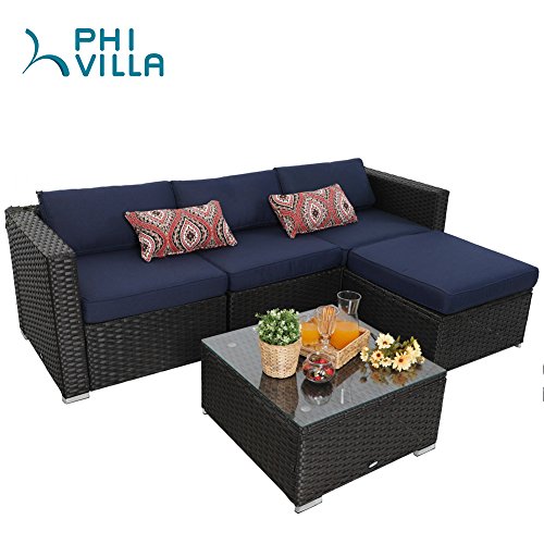 PHI VILLA 5-Piece Outdoor Rattan Sectional Sofa- Patio Wicker Furniture Set, Blue