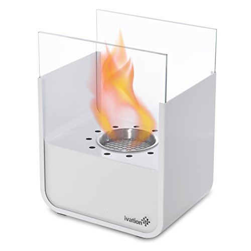 Ivation Vent-less Mini Tabletop Fireplace – Stainless Steel Portable Bio Ethanol Fireplace for Indoor & Outdoor Use – Includes Decorative Fireplace, Fuel Canister & Flame Snuffer (White)