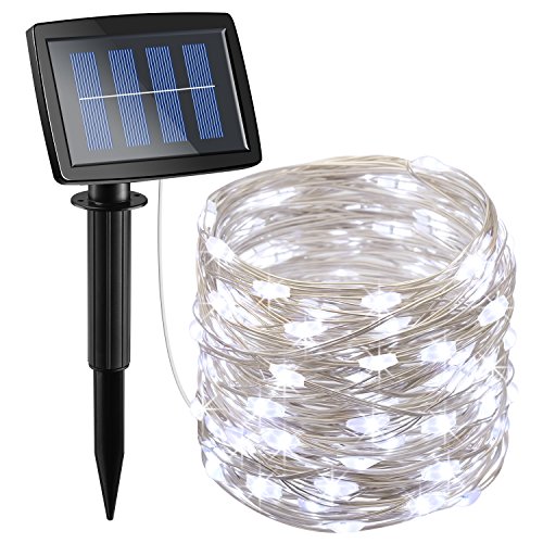 AMIR Solar Powered String Lights 150 LED, 2 Modes Steady on/Flash Copper Wire Lights, Indoor/Outdoor Starry String Lights, Waterproof Solar Decoration Lights for Gardens, Homes, Parties (White)