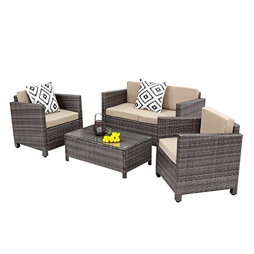 Wisteria Lane Outdoor Patio Furniture Set, 5 Piece Rattan Wicker Sofa Cushioned with Coffee Table, Grey