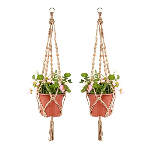 Accmor Plant Hanger 4 Legs 3.3 ft with Beads and Ring, Strong Macrame Handmade Jute Indoor Outdoor Patio Deck Ceiling Plant Holder for Round Square Pots, Retro Feeling Unmatched Finesse(2 Pack)