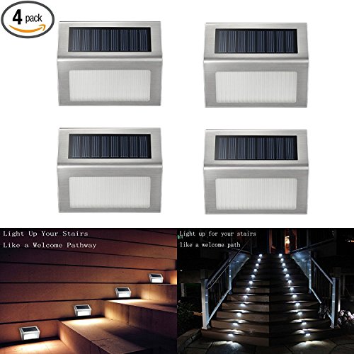 Solar Deck Lights, iThird 3 LED Solar Powered Step Lights Stainless Steel Outdoor Lighting for Steps Paths Patio Stair Auto On/Off Waterproof 4 Pack