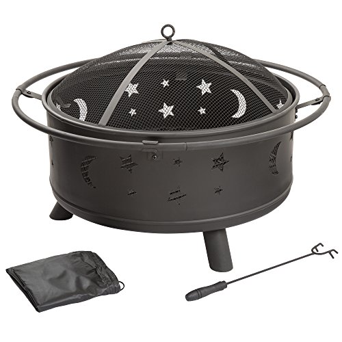 Pure Garden Fire Pit Set, Wood Burning Pit – Includes Screen, Cover and Log Poker- Great for Outdoor and Patio, 30 inch Round Star and Moon Firepit